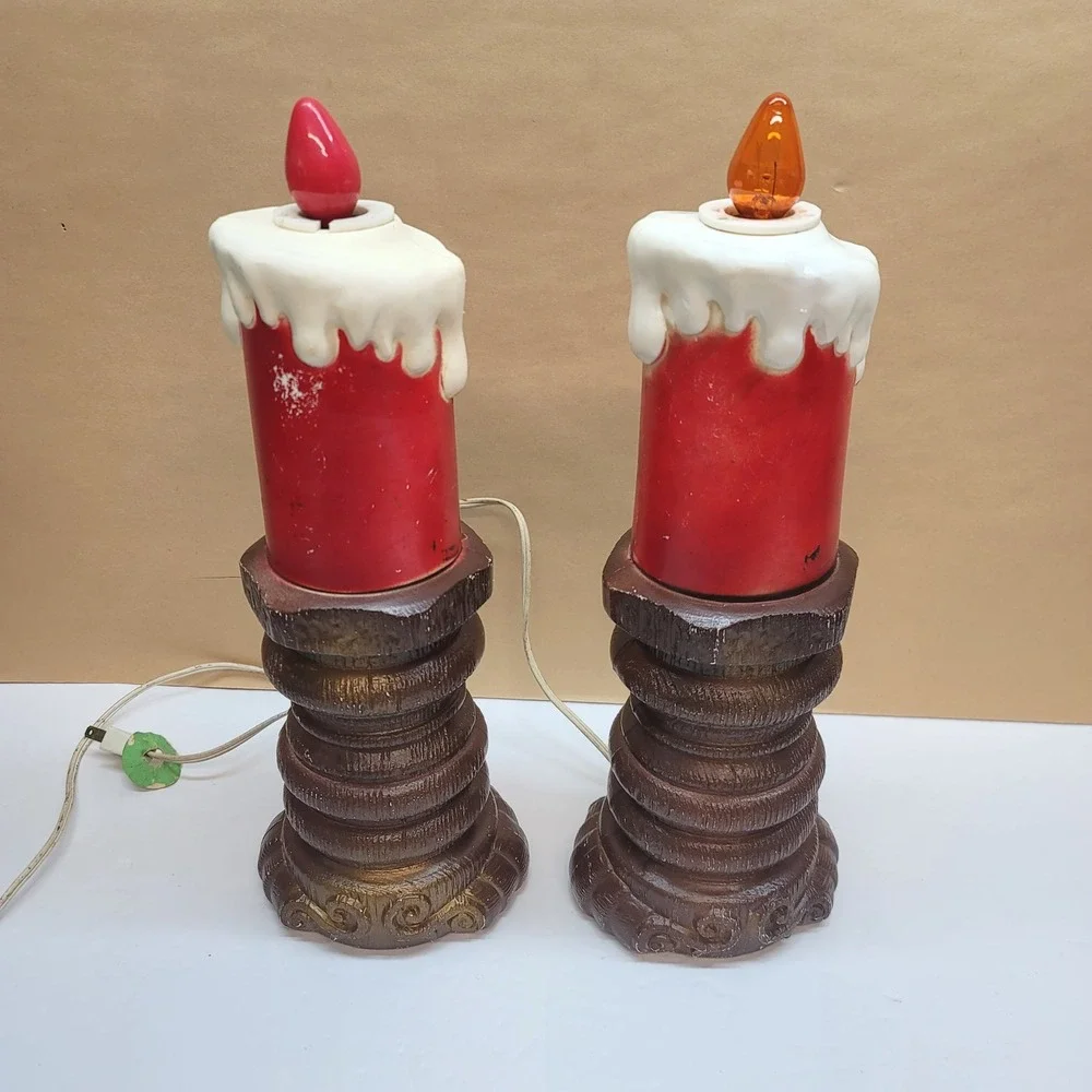 Vintage 1969 Empire Plastic Corp Christmas Blow Mold Candle Pair 13in Red Gold